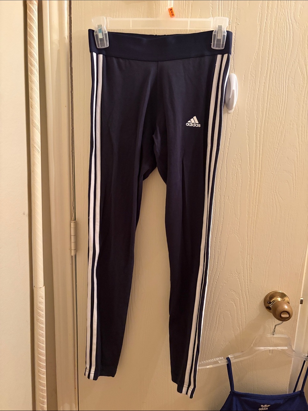 adidas Navy Leggings with White Three-Stripes - Ladied